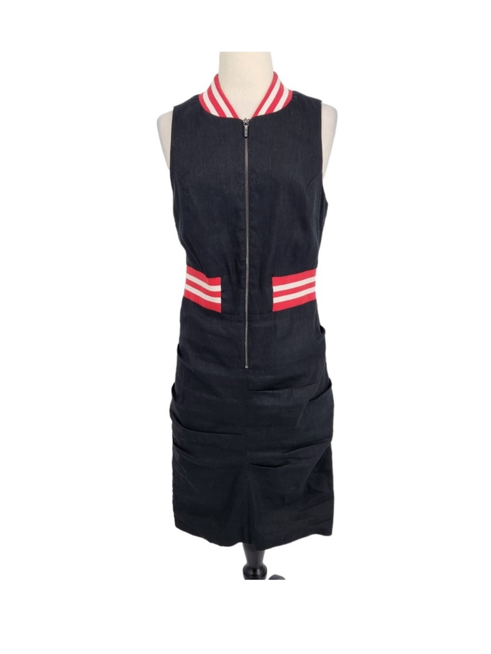 Nicole Miller Dark Blue Sleeveless Zip-Front Tennis Prep Dress with red Striping